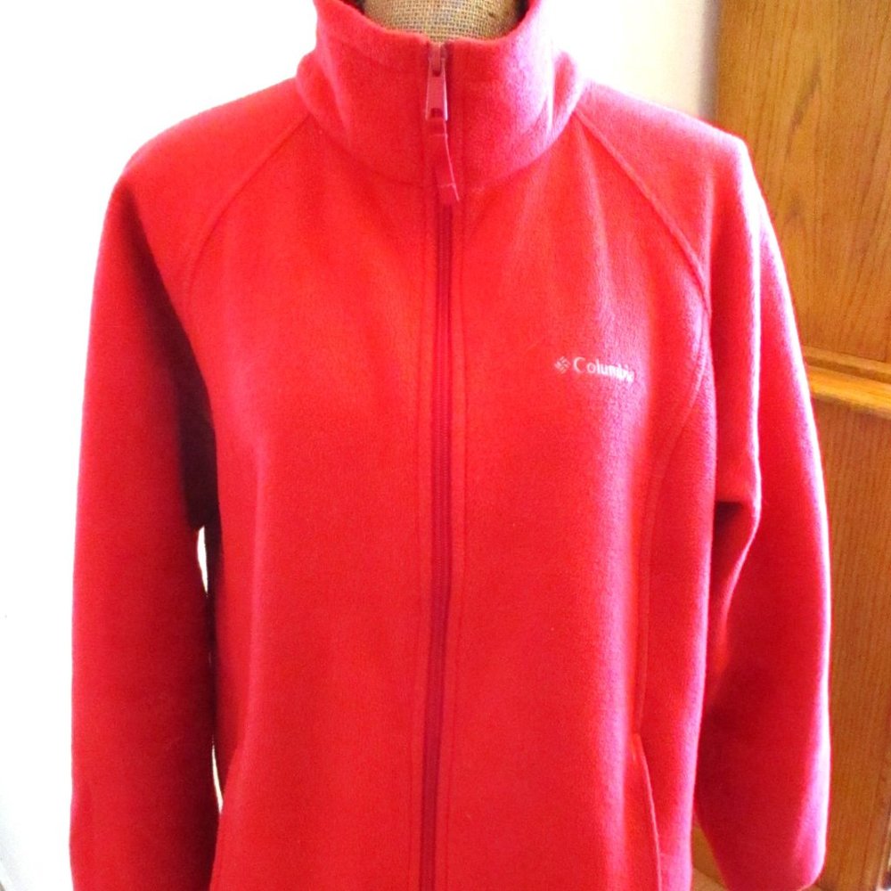 Columbia Womens Full Zip Up Fleece Jacket, Red, Pockets, High Neck, Size 1X